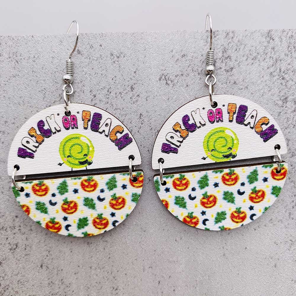 Wholesale Halloween Two Half Circles Patchwork Wooden Earrings